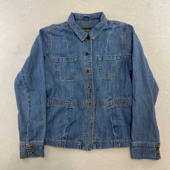 EDDIE BAUER WOMEN'S SIZE MEDIUM BUTTON UP JEAN DENIM JACKET - Picture 1 of 11